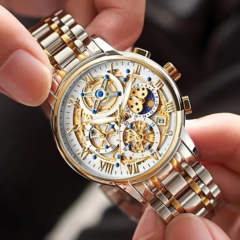 LIGE Noble Luxury Business men's Watch Stainless Steel Strap. Fashion Creative Gear Dial Waterproof Luminous Calendar Quartz Watches. Suitable for family gatherings as gifts