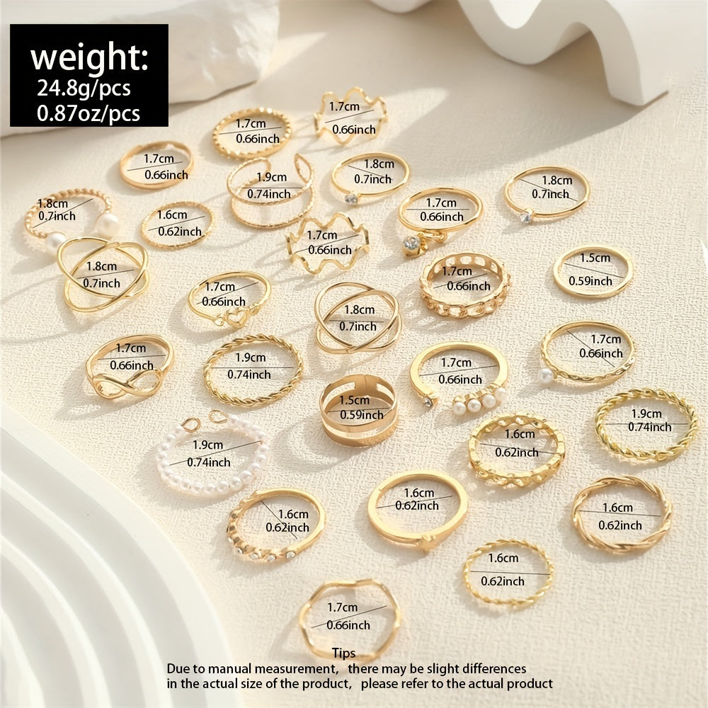 28pcs Coquette Stacking Rings Set - Inlaid Rhinestone, Trendy Infinity Chain, Heart Design, Mix and Match, Daily Wear, Party Accessories, Fashion Jewelry for Women