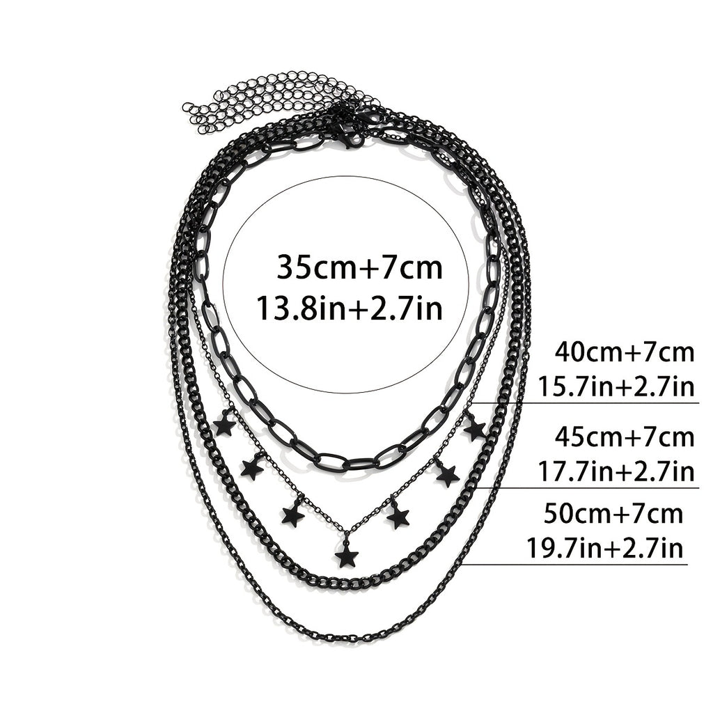 4pcs Gothic Black Star Element Pendant Tassel Hip Hop  Chain Necklace Set Party Jewelry for Women.Kpop style jewelry.