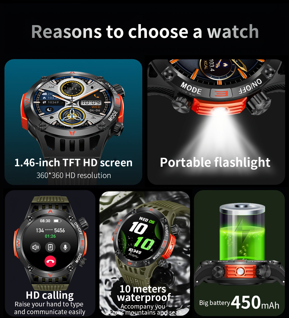 ساعة ذكية QTLJJBY لاسلكية للرد على المكالمات وSOS ساعة رياضية خارجية LED IP68 بوصلة متتبع اللياقة البدنية عداد الخطوات شاشة عرض رسائل الوسائط المتعددة، مناسبة للهواتف المحمولة، ساعات ذكية للرجال والنساء كهدية