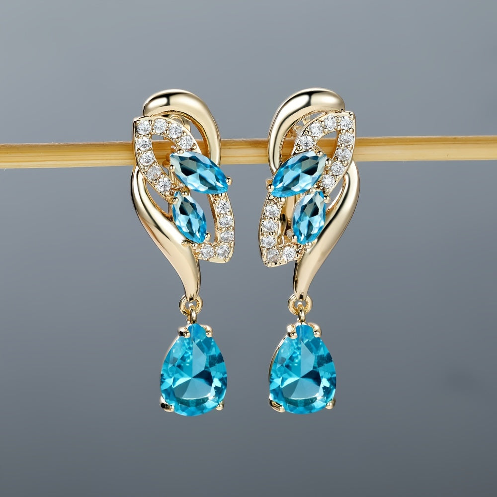 ANGOL Romantic Flower Dangle Earrings for Women - Golden-Tone Floral Design with Red & Clear Synthetic Gemstones, Elegant Party & Everyday Jewelry Gifts