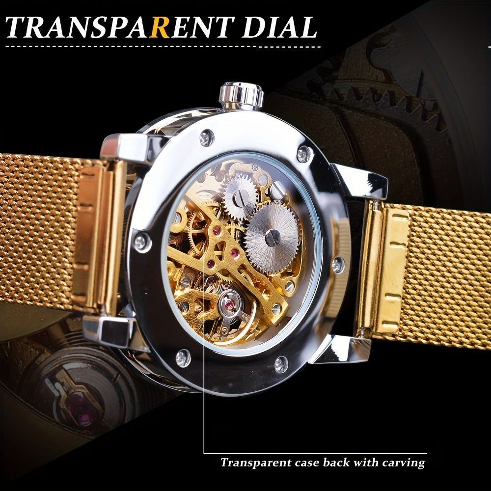 Vintage Skeleton Mechanical Watches Rhinestone Studded Stainless Steel Strap Luminous Watch, Ideal choice for Gifts