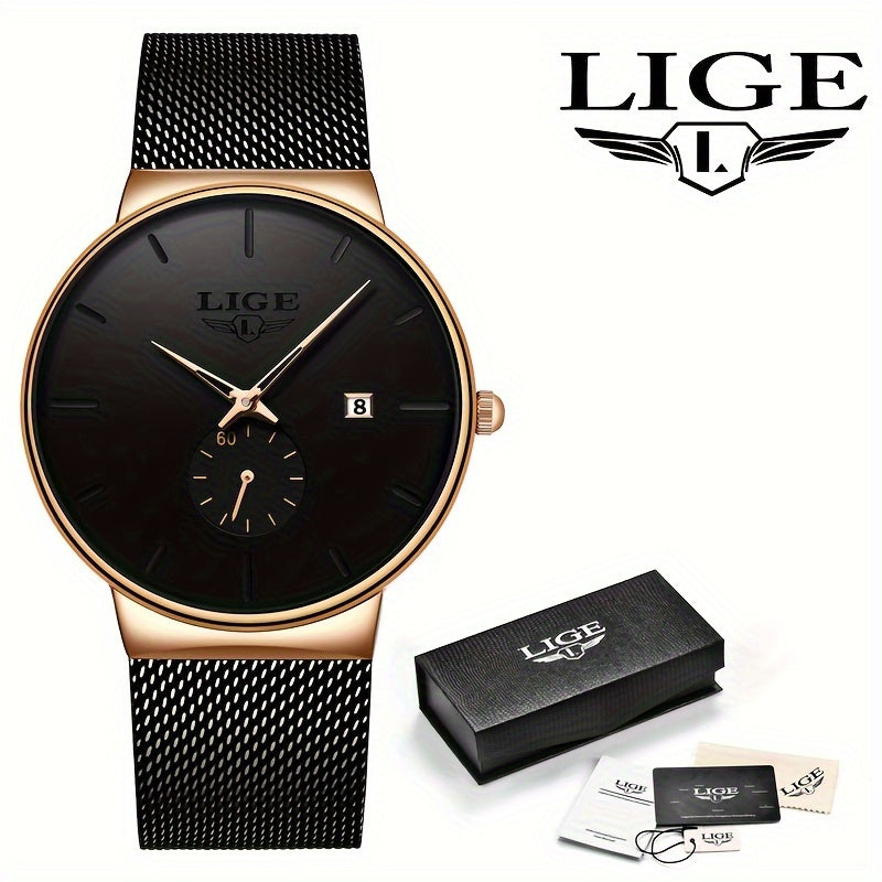 LIGE Minimalist Casual Men's Watch with Stainless Steel Mesh Belt. Leisure Fashion Men's Business Quartz Watches. Waterproof Calendar Wristwatch. Suitable for Gifts to Men.
