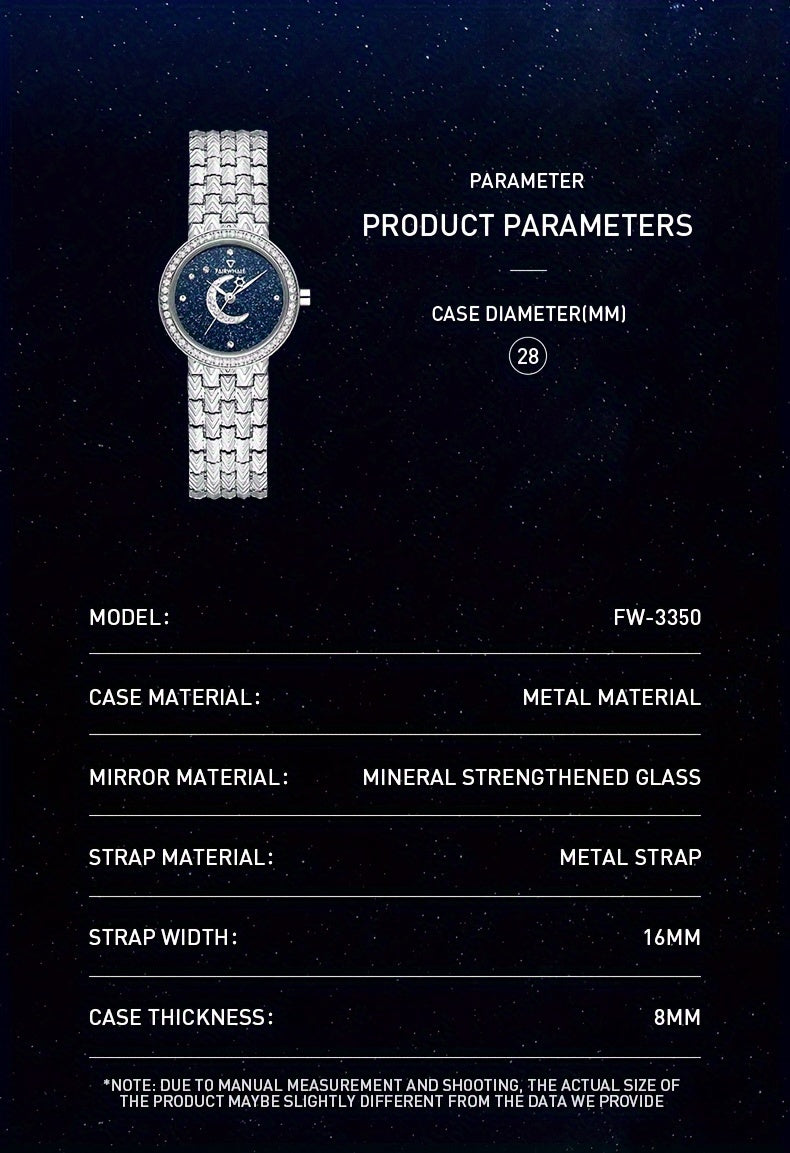 ساعات كوارتز دائرية بحزام من الفولاذ المقاوم للصدأ ومؤشر من سبائك الفولاذ المقاوم للصدأ وقرص من حجر الراين وساعات مضيئة بمرحلة القمر وسماء مرصعة بالنجوم وهدايا للعيد