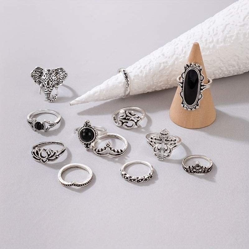 12pcs Gothic Style Stacking Rings Trendy Cross/ Lotus/ Crown Design Mix And Match For Daily Outfits Perfect Accessories For Cool ladies