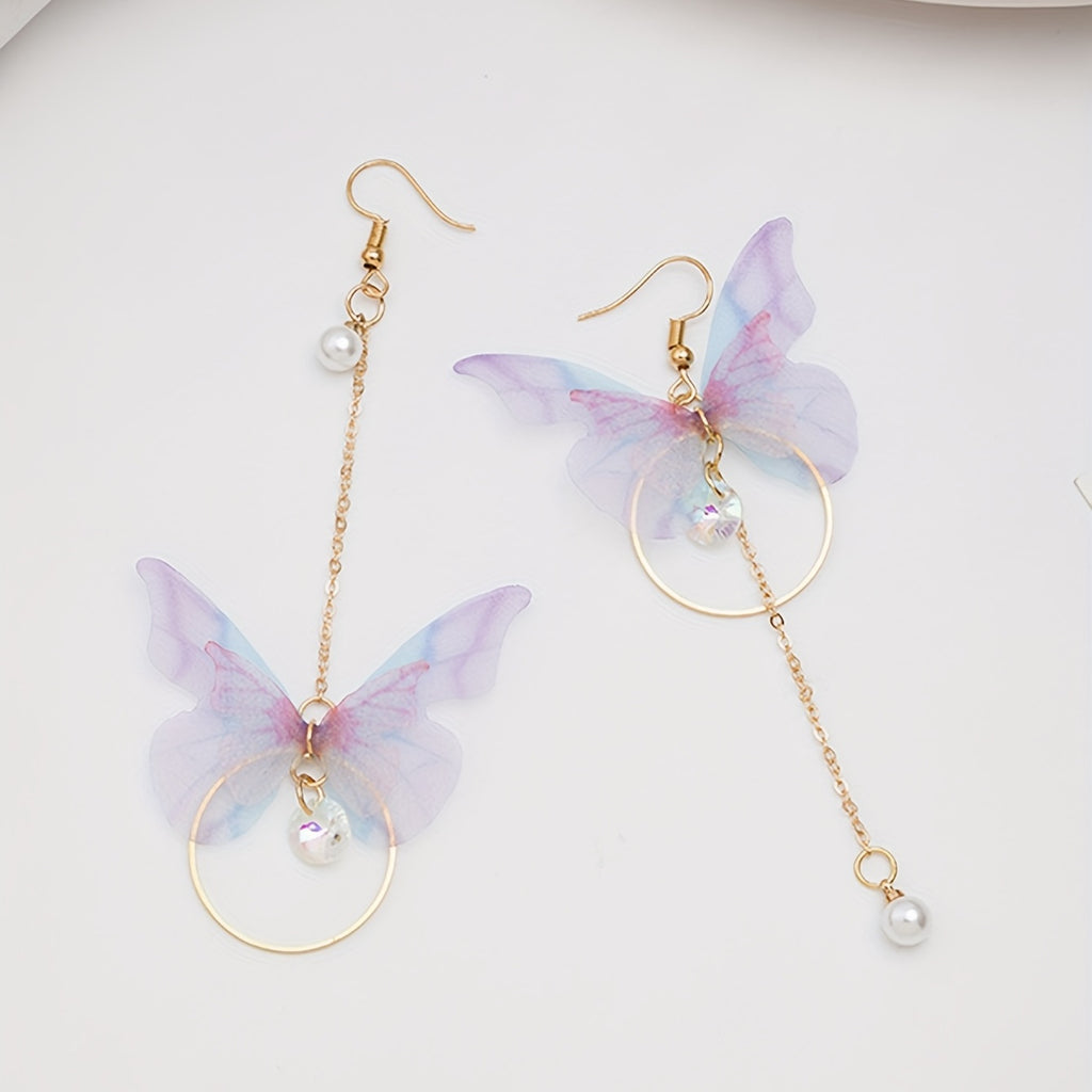Stunning Butterfly Dangle Earrings - Drop & Dangle Jewelry with Sparkling Zirconia, Faux Pearl, Asymmetric Design, Silver Plated Alloy, Elegant and Eye-Catching Accessories for Women
