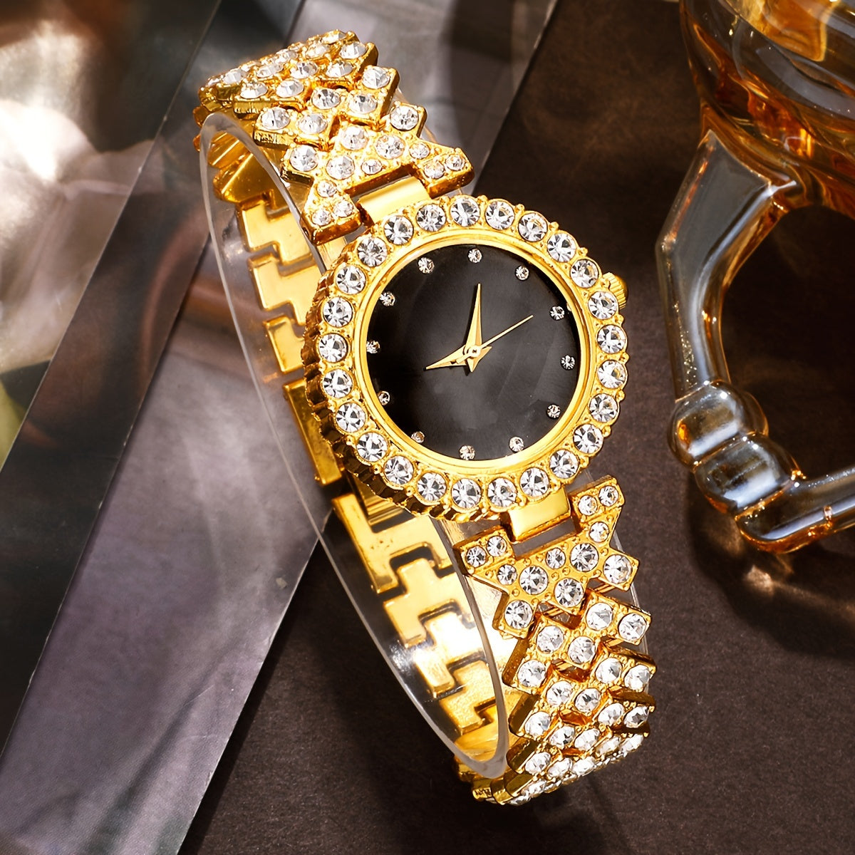 Elegant 5pcs Women's Fashion Watch & Jewelry Set - Vintage Faux Leather Band Quartz Watches with Crystal Accents, Zinc Alloy Case