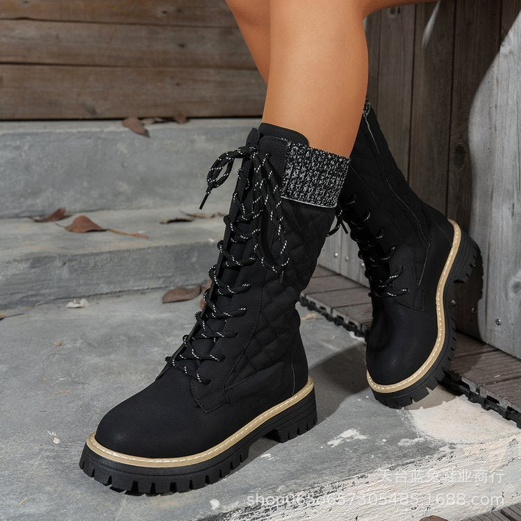 Check The Color-matched Front-lace-up Thick-heeled Martin Boots