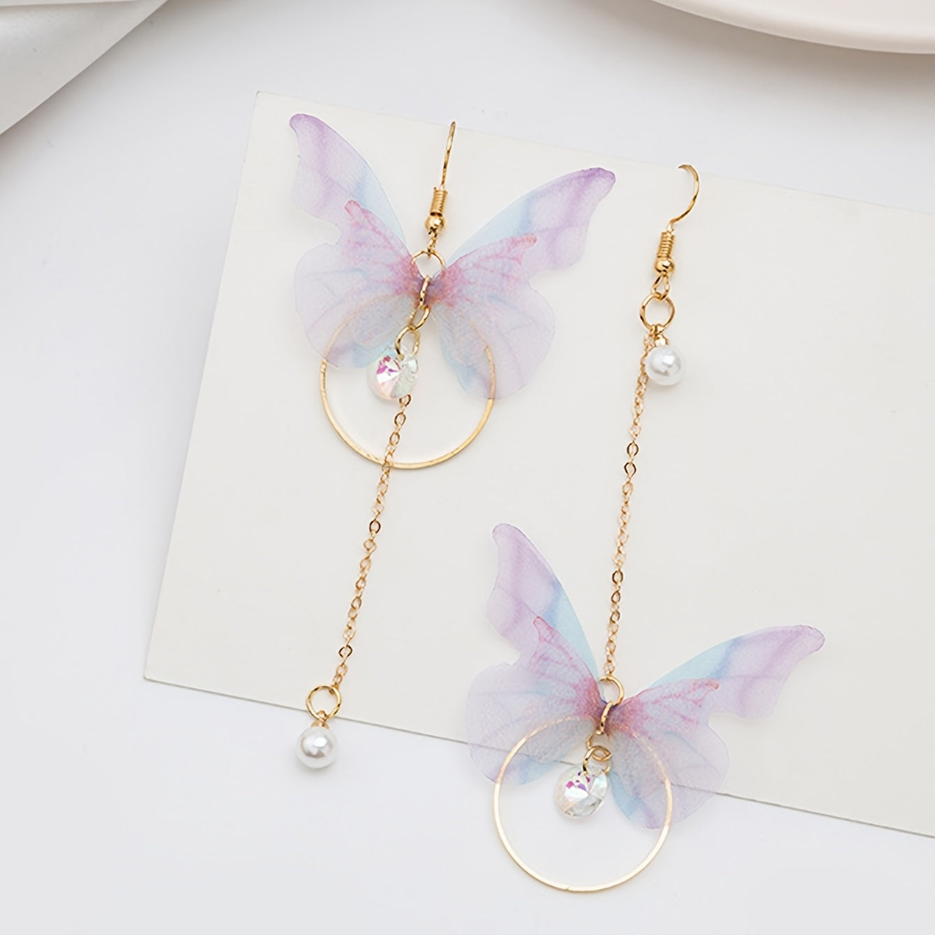 Stunning Butterfly Dangle Earrings - Drop & Dangle Jewelry with Sparkling Zirconia, Faux Pearl, Asymmetric Design, Silver Plated Alloy, Elegant and Eye-Catching Accessories for Women