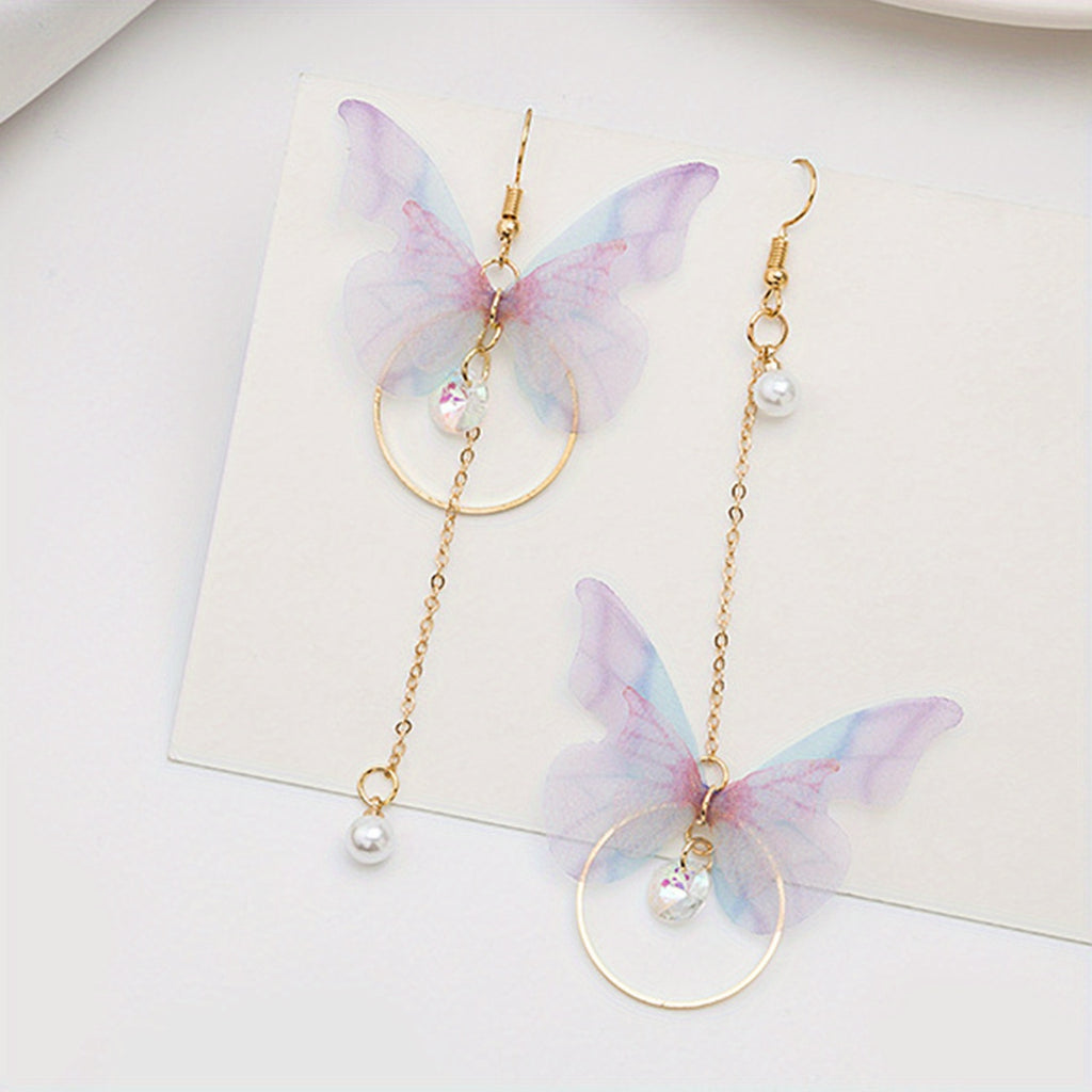 Stunning Butterfly Dangle Earrings - Drop & Dangle Jewelry with Sparkling Zirconia, Faux Pearl, Asymmetric Design, Silver Plated Alloy, Elegant and Eye-Catching Accessories for Women