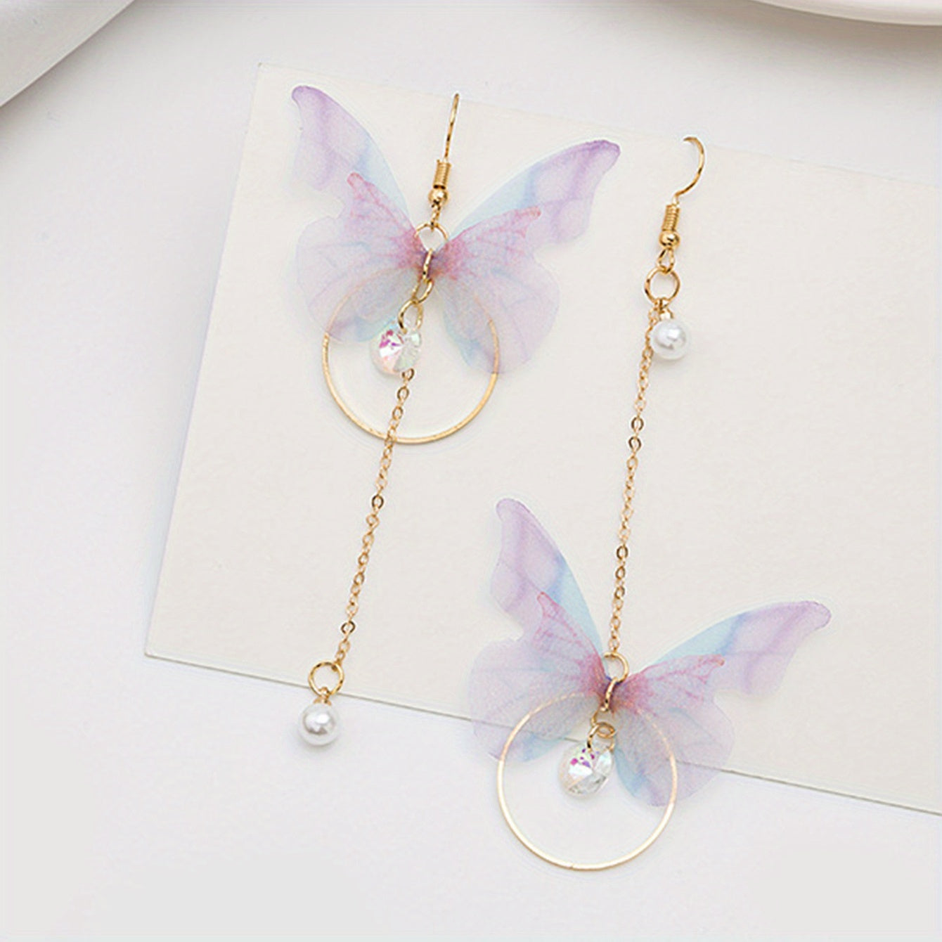 Stunning Butterfly Dangle Earrings - Drop & Dangle Jewelry with Sparkling Zirconia, Faux Pearl, Asymmetric Design, Silver Plated Alloy, Elegant and Eye-Catching Accessories for Women