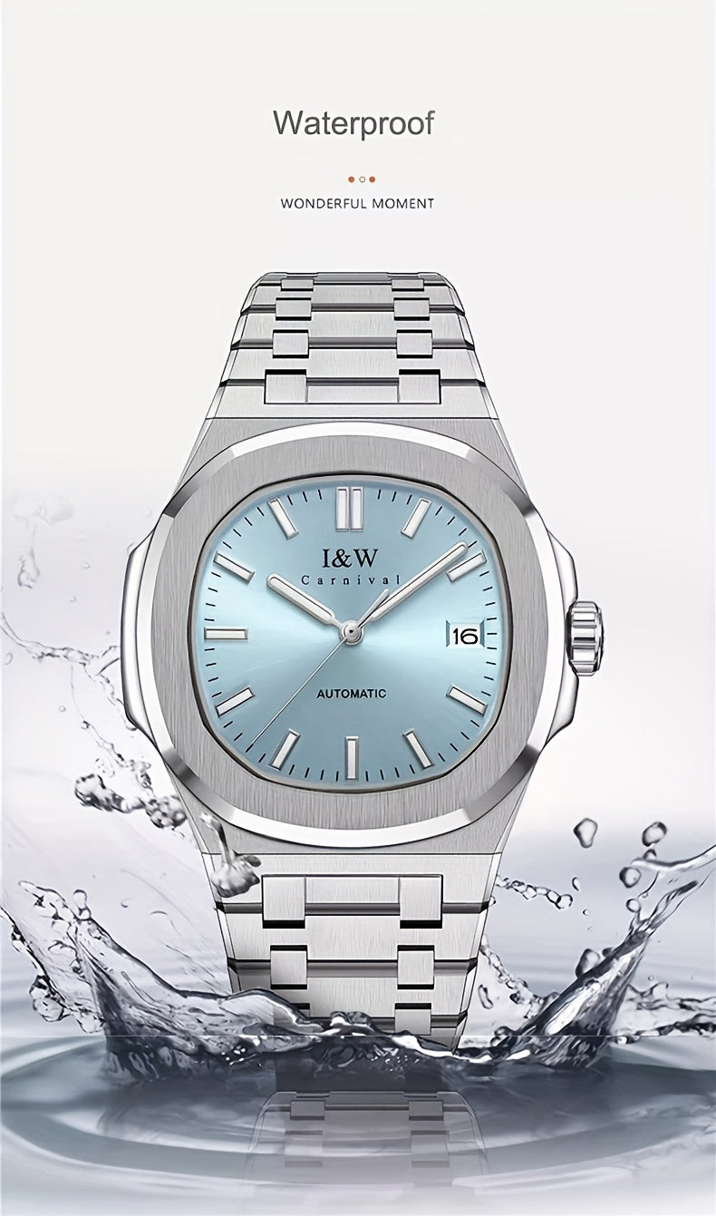 I&W CARNIVAL Men's Automatic Mechanical Watches, Waterproof Strong Luminous Full Steel Auto Date Watch