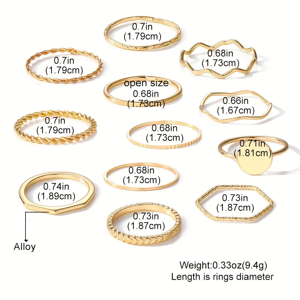 12pc Y2k Stacking Rings Set - Fashionable Wave, Intertwined, Minimalist Bands - Versatile Mix & Match for Daily Glam & Parties