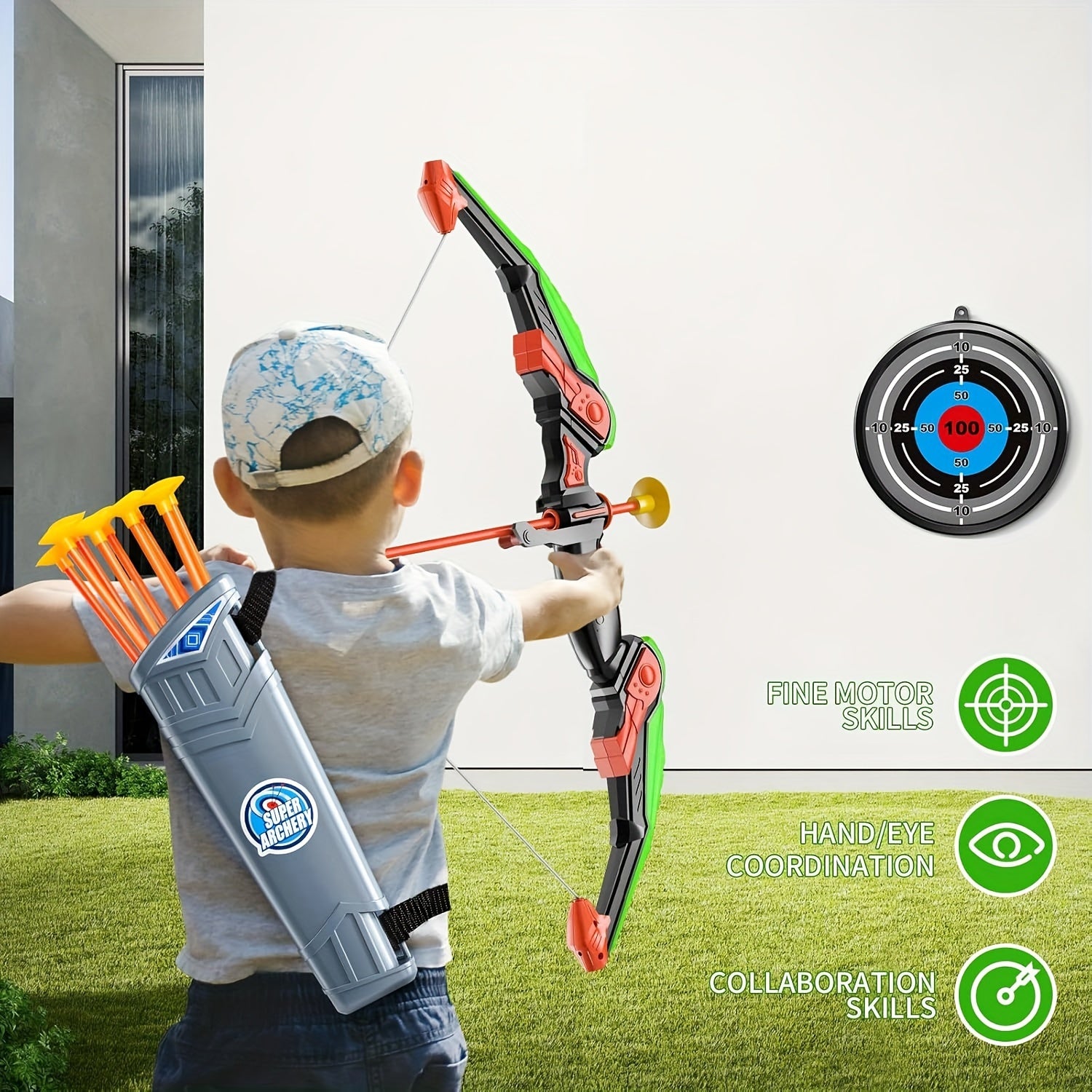LED Light Up Archery Toy Set with 10 Suction Cup Arrows, Target & Arrow Case - Indoor and Outdoor Hunting Play Gift Toys for Kids