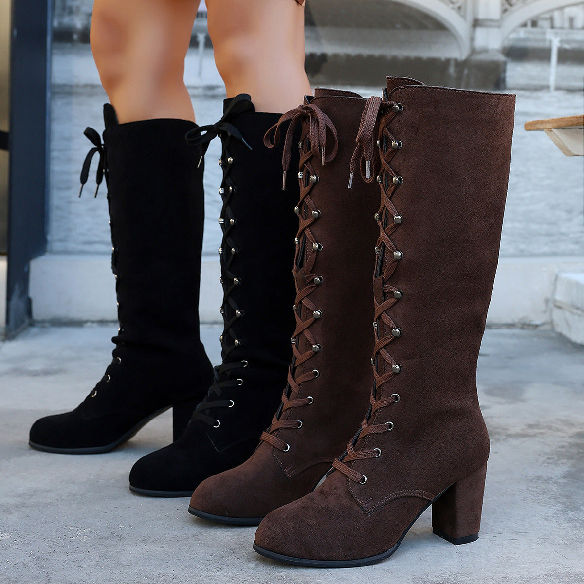 Womens Strappy Mid-Calf High-Heel Boots