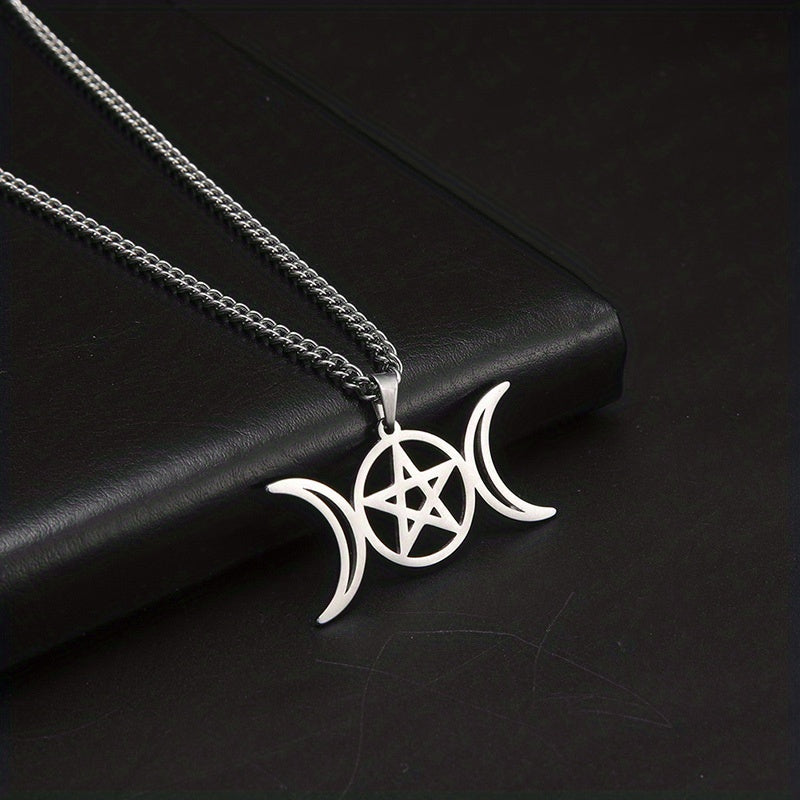 Moon Pentagram Round Pendant Necklace Stainless Steel Amulet Necklaces Jewelry