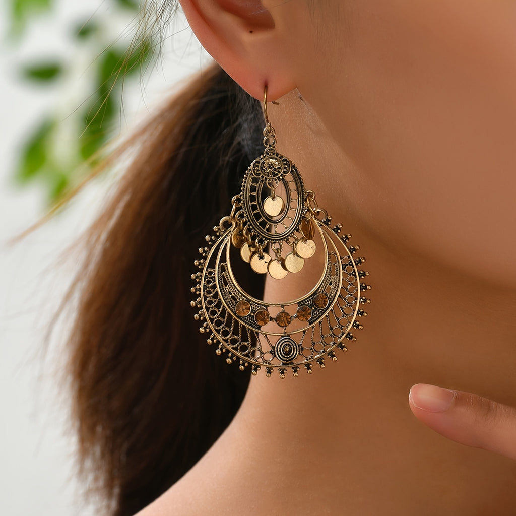 Exquisite Hollow Retro Bohemian Dangle Earrings - Zinc Alloy, Hypoallergenic, Nickel-Free Jewelry for Sensitive Skin - Unique Gift for Women, Perfect for Holiday Party, Engagement, and Everyday Wear