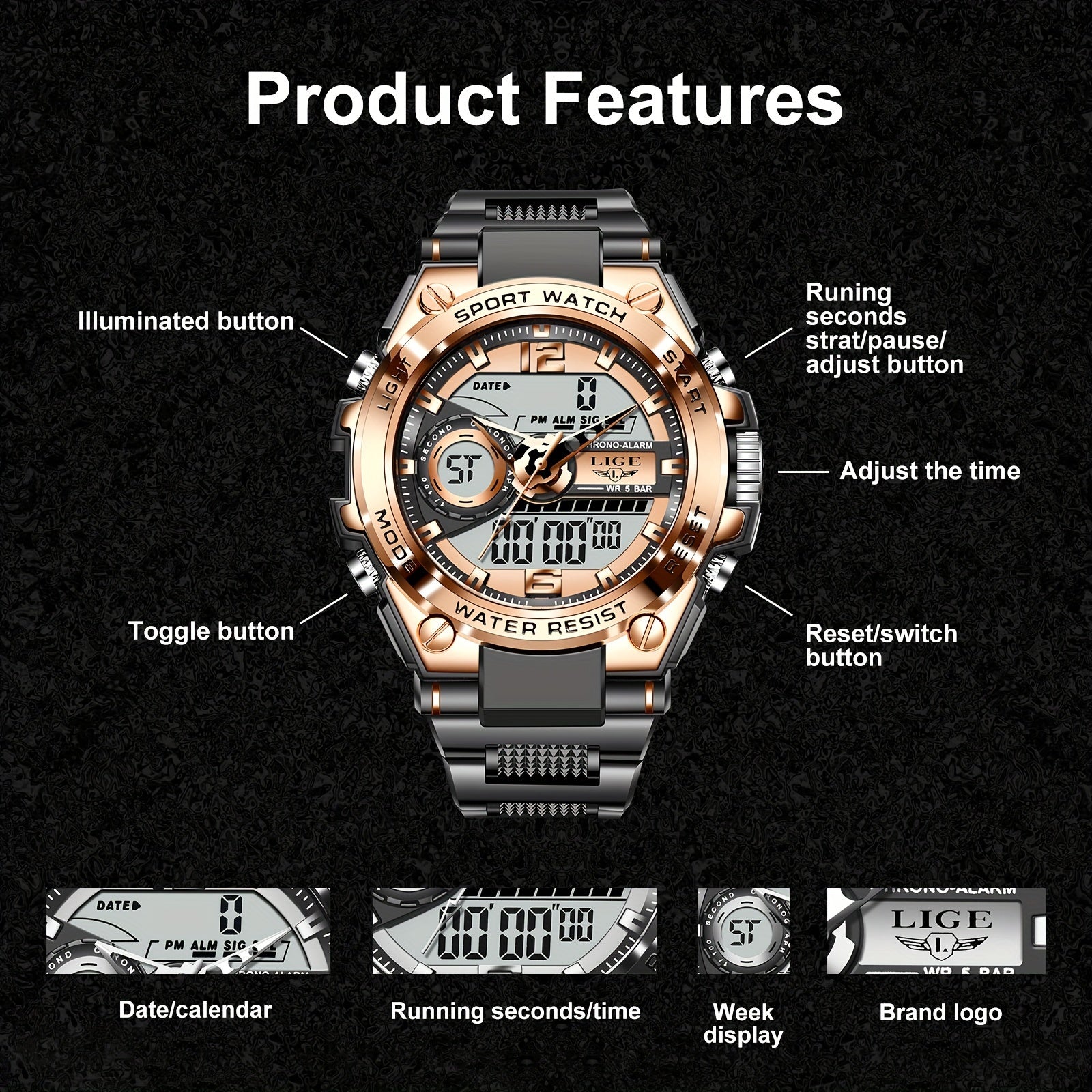 LIGE Electronic Watches For Men Luxury Sport Chronograph Alarm WristWatch Quartz Big Clock Digital Male Watch