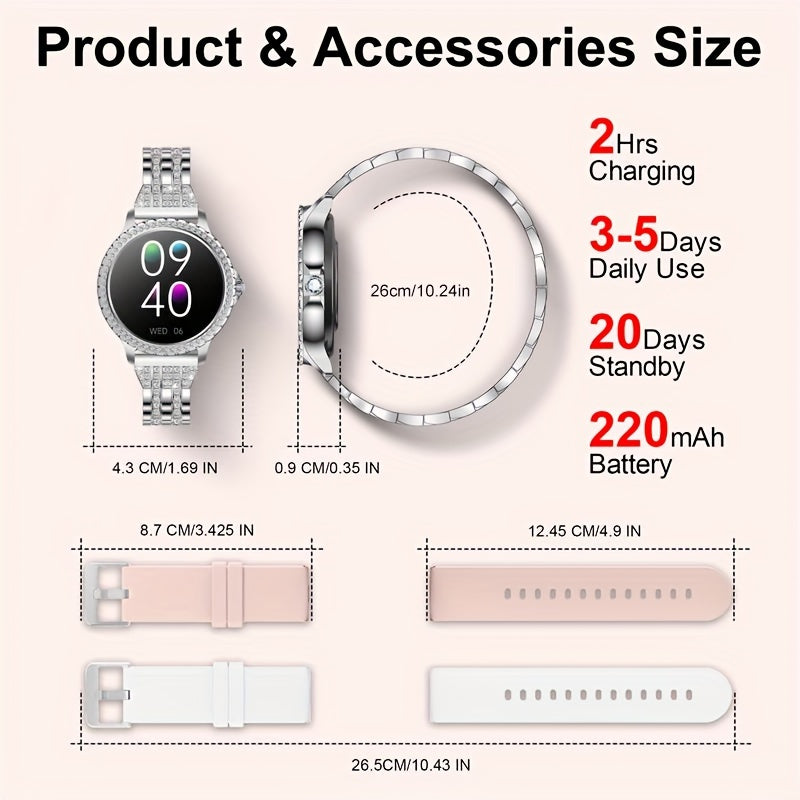 ساعة ذكية، ساعات ذكية تعمل باللمس بالكامل متوافقة مع أندرويد وآيفون، (الرد على المكالمات/إجرائها) ساعة ذكية لتتبع اللياقة البدنية للنساء/الرجال مع ساعة ذكية رياضية/خطوة، مثالية للهدايا (تشمل الأشرطة: فضي + بيج + وردي فاتح)