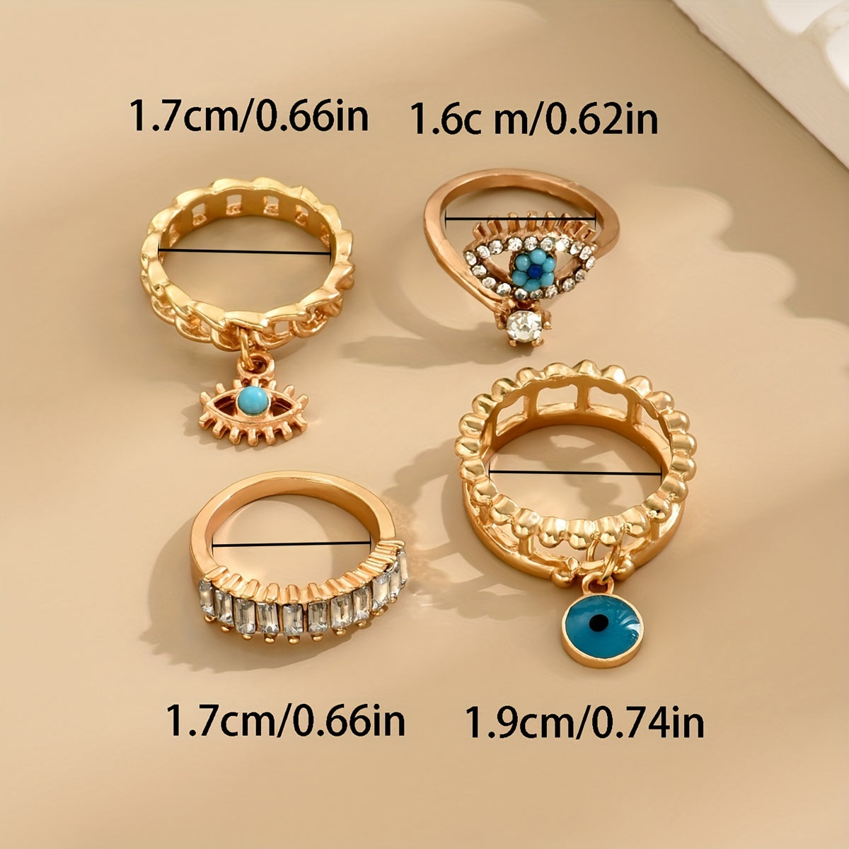 4pcs Punk Style Stacking Rings 14k Plated Trendy Evil Eye Design Inlaid Rectangular Gemstone Match Daily Outfits Party Accessories