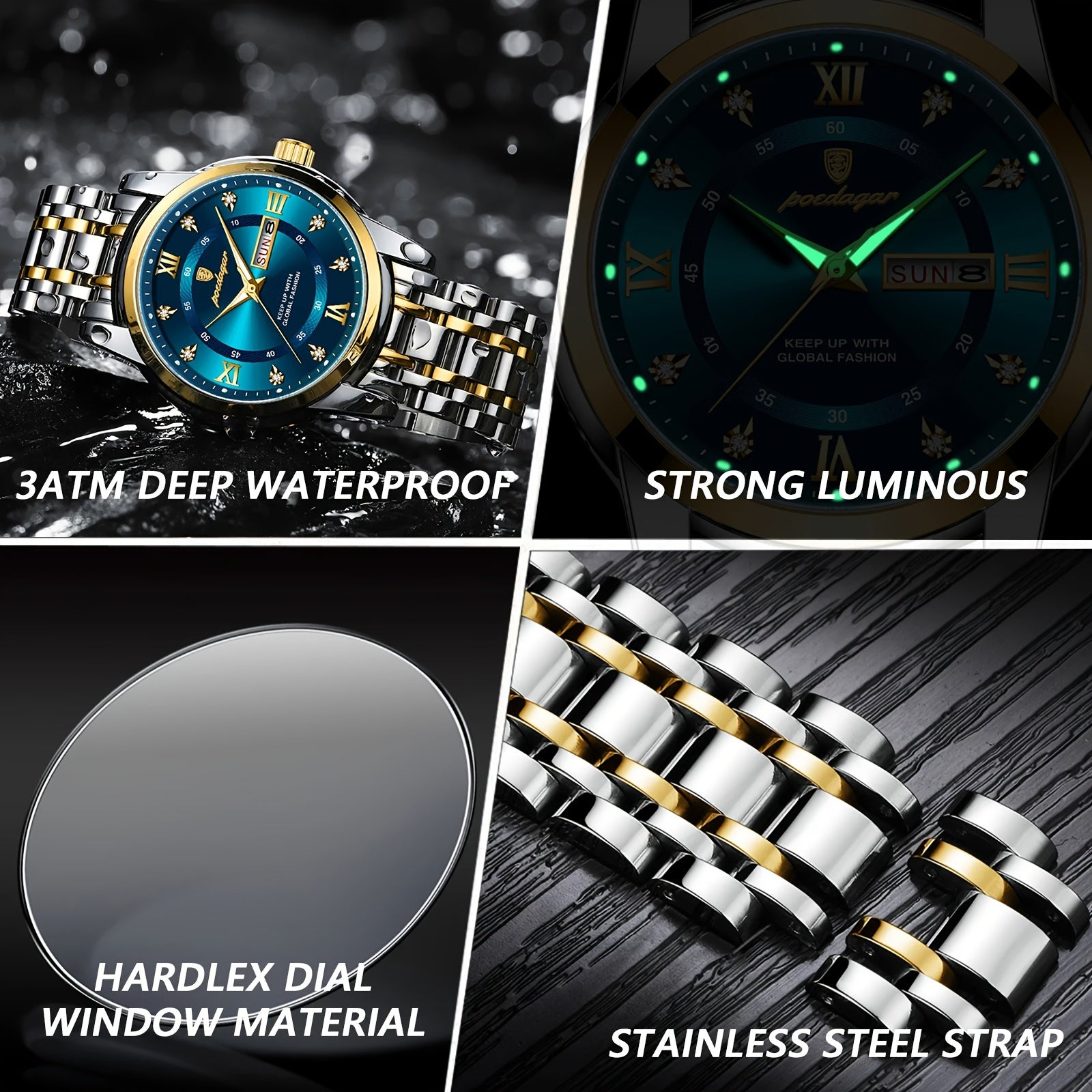 Elegant Date Week Waterproof Luminous Quartz Watch, Stainless Steel Sports Men's Watches