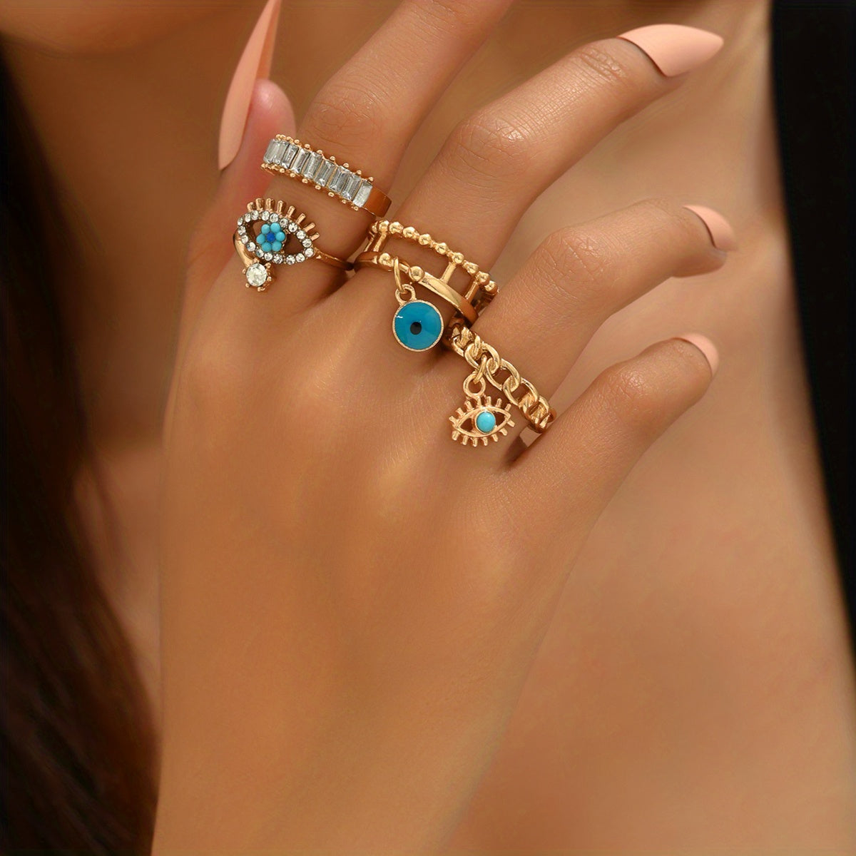 4pcs Punk Style Stacking Rings 14k Plated Trendy Evil Eye Design Inlaid Rectangular Gemstone Match Daily Outfits Party Accessories