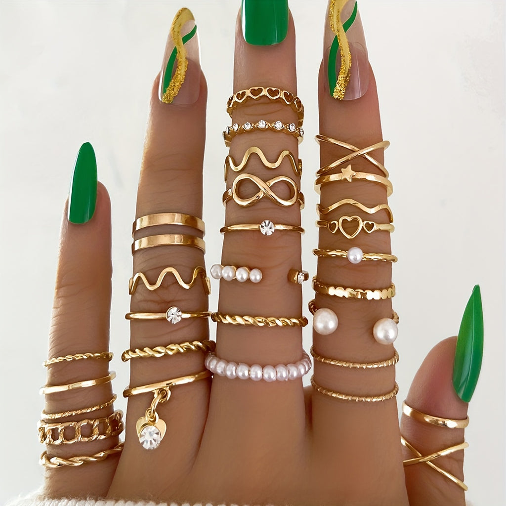 28pcs Coquette Stacking Rings Set - Inlaid Rhinestone, Trendy Infinity Chain, Heart Design, Mix and Match, Daily Wear, Party Accessories, Fashion Jewelry for Women
