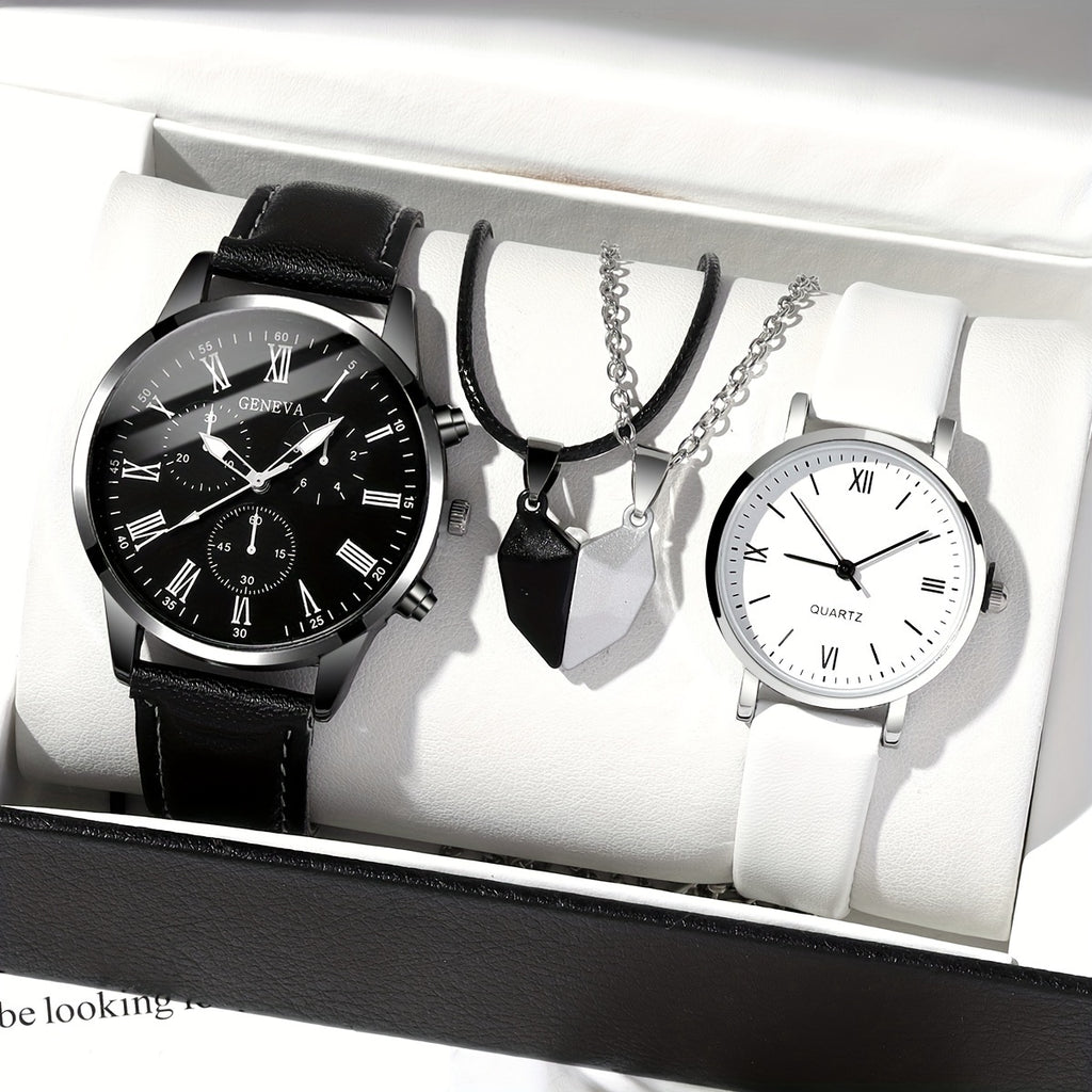 4pcs/set Romantic Couples Watch & Necklace Set - Stylish Quartz Watches with Adjustable Leather Bands & Matching Heart Pendants, Perfect Valentines Day Gift for Lovers