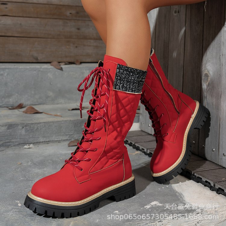 Check The Color-matched Front-lace-up Thick-heeled Martin Boots