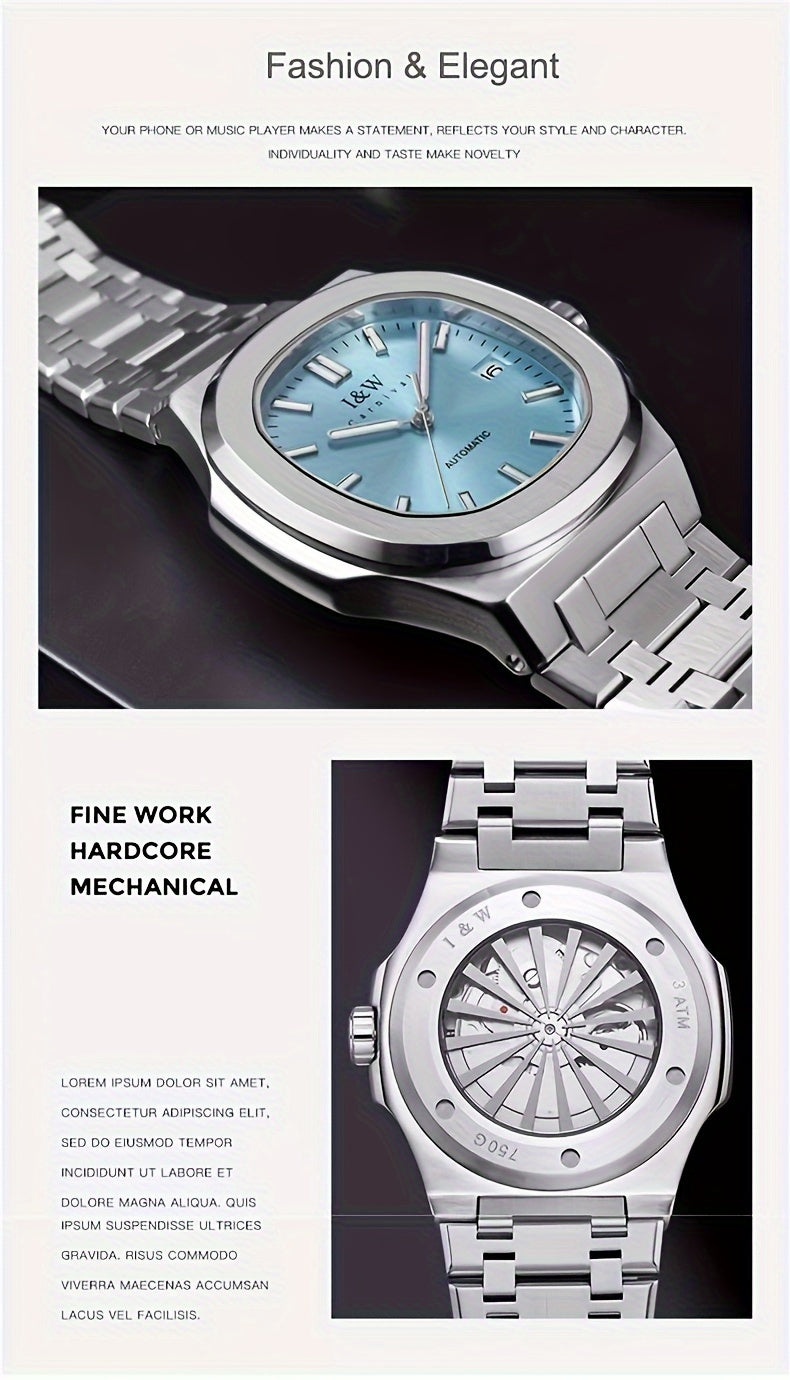 I&W CARNIVAL Men's Automatic Mechanical Watches, Waterproof Strong Luminous Full Steel Auto Date Watch