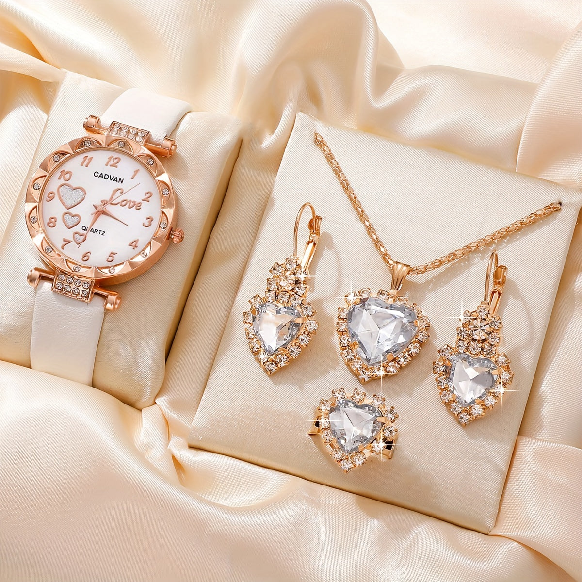 5pcs/set Adorable Heart Womens Watch - Glamorous Rhinestone Quartz Analog Wrist Watches & Jewelry Ensemble - Sparkling Timeless Accessories, Ideal Gift for Her