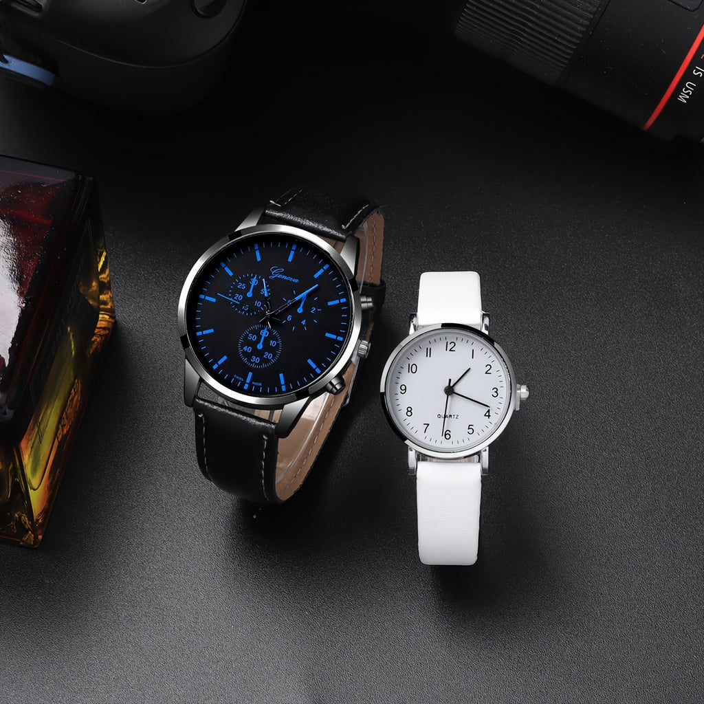 4pcs/set Romantic Couples Watch & Necklace Set - Stylish Quartz Watches with Adjustable Leather Bands & Matching Heart Pendants, Perfect Valentines Day Gift for Lovers