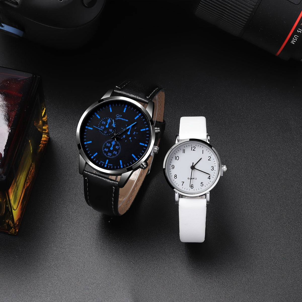 4pcs/set Romantic Couples Watch & Necklace Set - Stylish Quartz Watches with Adjustable Leather Bands & Matching Heart Pendants, Perfect Valentines Day Gift for Lovers