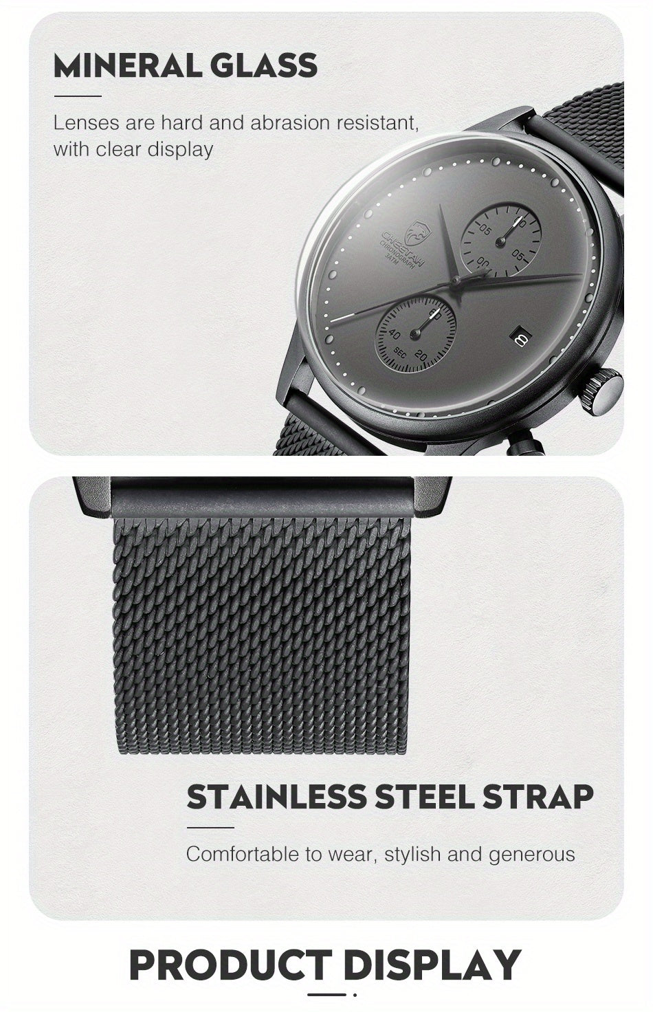 New CHEETAH Brand Fashion Casual Men Watches Chronograph Quartz Stainless Steel Mesh Waterproof Sports Clock with Auto Date