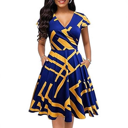 Women's Retro Floral Print Polka-Dot V-Neck Full-Sleeve Casual Dress With Pockets