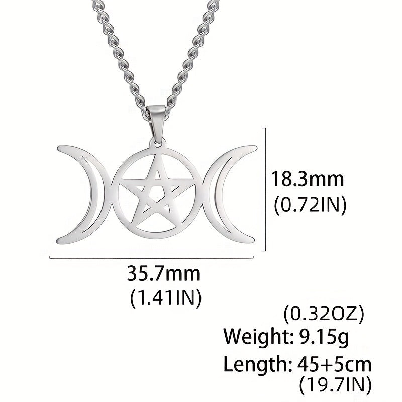 Moon Pentagram Round Pendant Necklace Stainless Steel Amulet Necklaces Jewelry