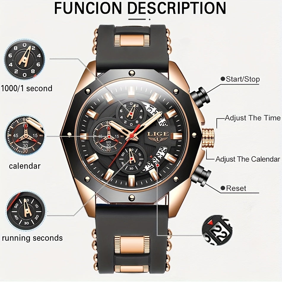 LIGE New Fashion Men's Watch. Chronograph Calendar luminous Quartzwatch. Outdoor Casual Waterproof Sports Watches. Suitable for giving to  Men.