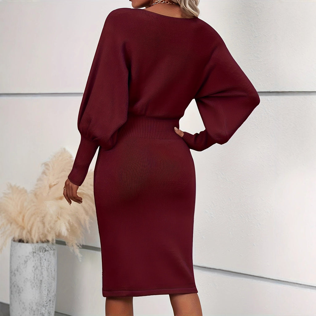 Elegant Crew-neck Flared-sleeve Waist-cinching Sheath Skirt