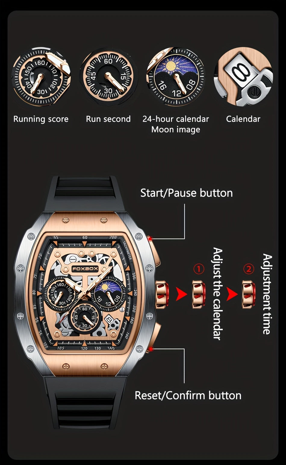 ساعة فوكس بوكس ​​كوارتز للرجال مقاومة للماء، ساعة رياضية من السيليكون مع التاريخ