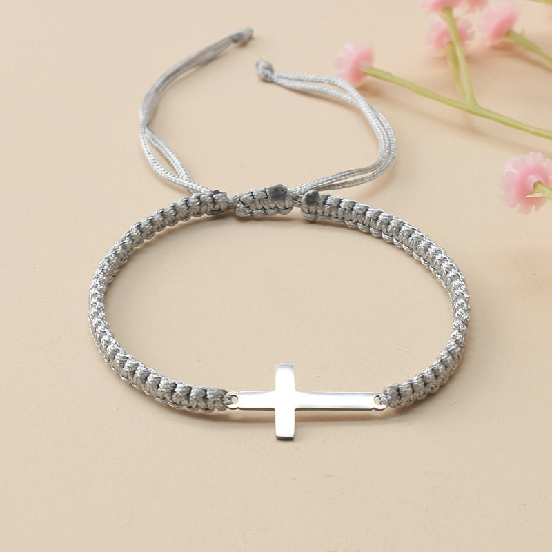 1pc Hand Woven Adjustable Stainless Steel Cross Bracelet Men's Hand Jewelry
