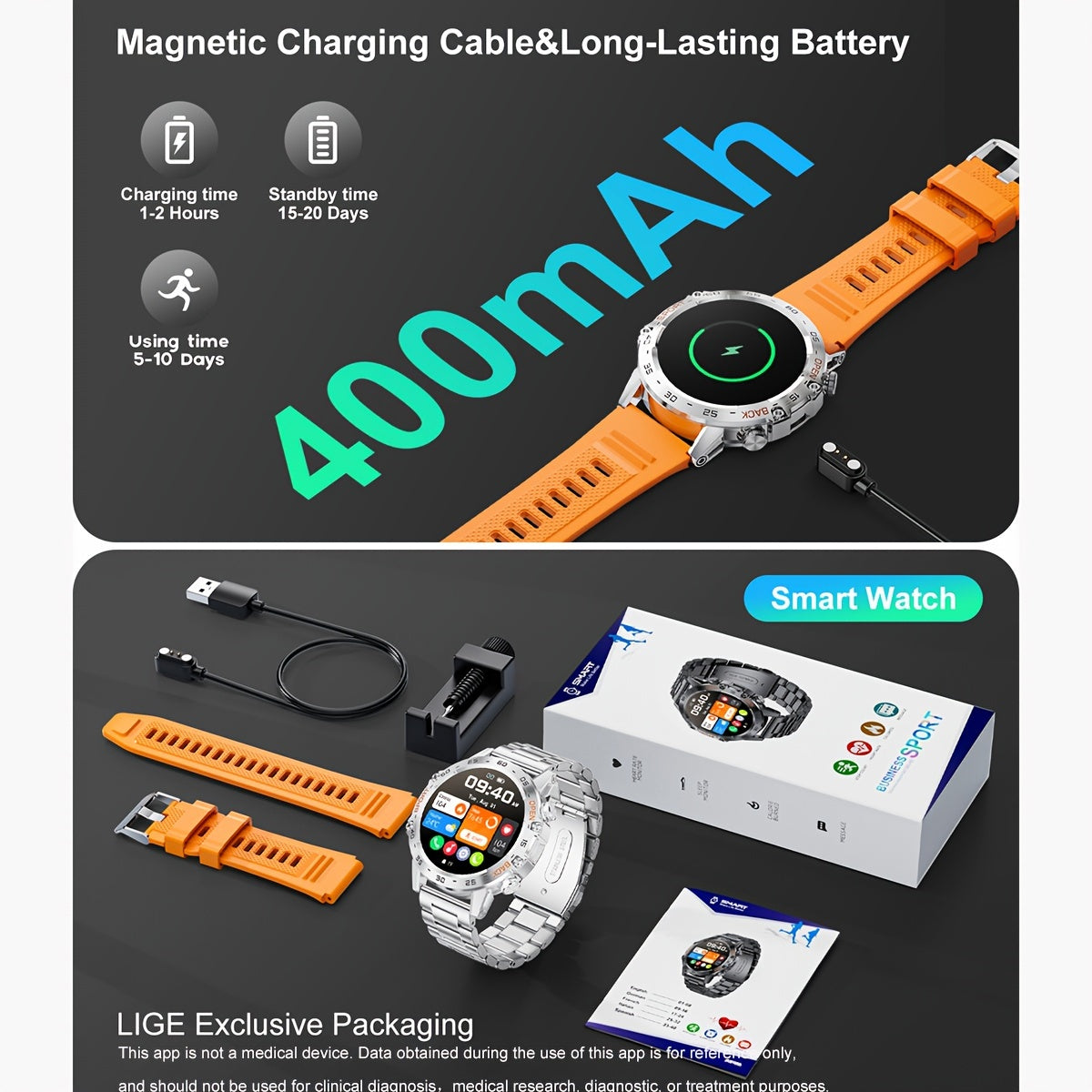 ساعة LIGE HD الذكية - ساعات يد أنيقة للنساء والرجال، مزودة بمكالمة لاسلكية، وشاشة عالية الدقة مقاس 1.39 بوصة، وأوضاع رياضية متعددة، وتنبيهات معلومات، وتذكيرات بالنشاط، وتحكم بالموسيقى، وعداد خطوات رياضي، ومراقب لمعدل ضربات القلب.