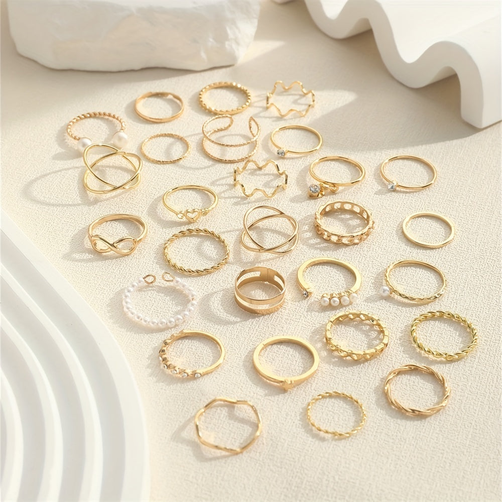 28pcs Coquette Stacking Rings Set - Inlaid Rhinestone, Trendy Infinity Chain, Heart Design, Mix and Match, Daily Wear, Party Accessories, Fashion Jewelry for Women