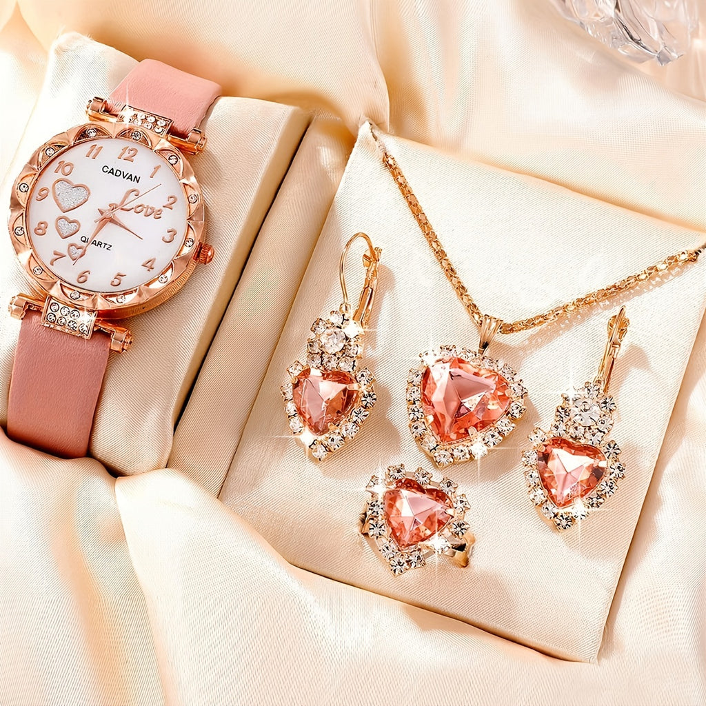 5pcs/set Adorable Heart Womens Watch - Glamorous Rhinestone Quartz Analog Wrist Watches & Jewelry Ensemble - Sparkling Timeless Accessories, Ideal Gift for Her