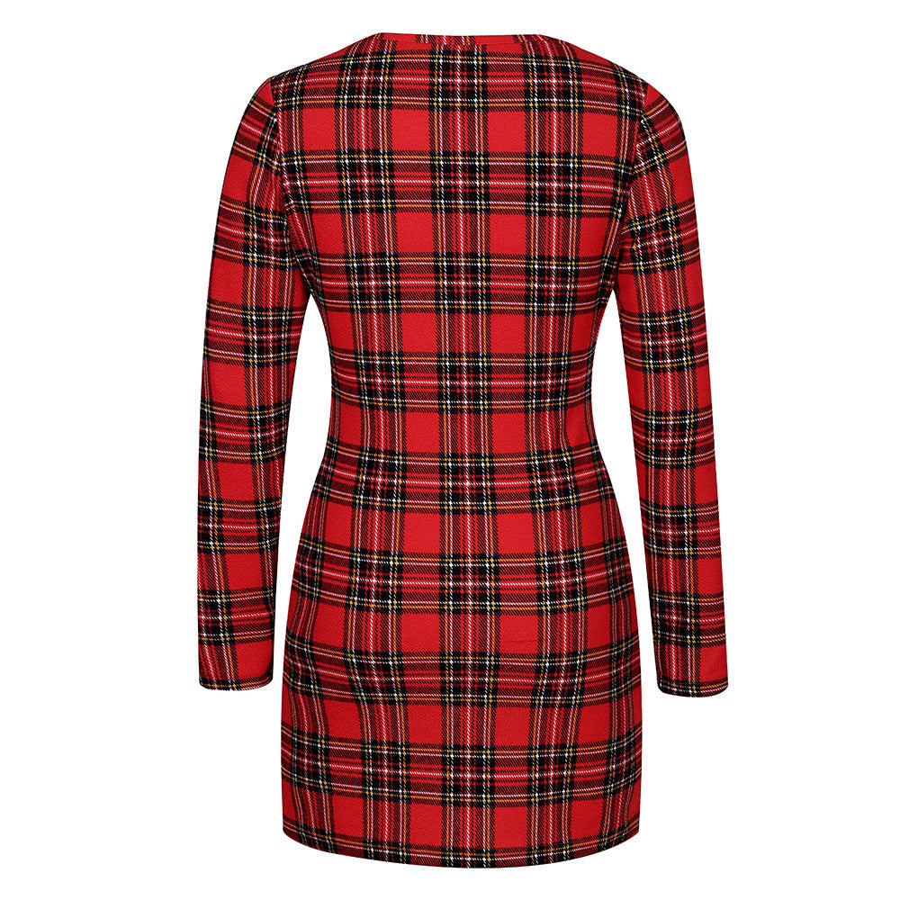 Women's Hip-Hugging Casual Plaid Slim-Fit Long-Sleeve Dress