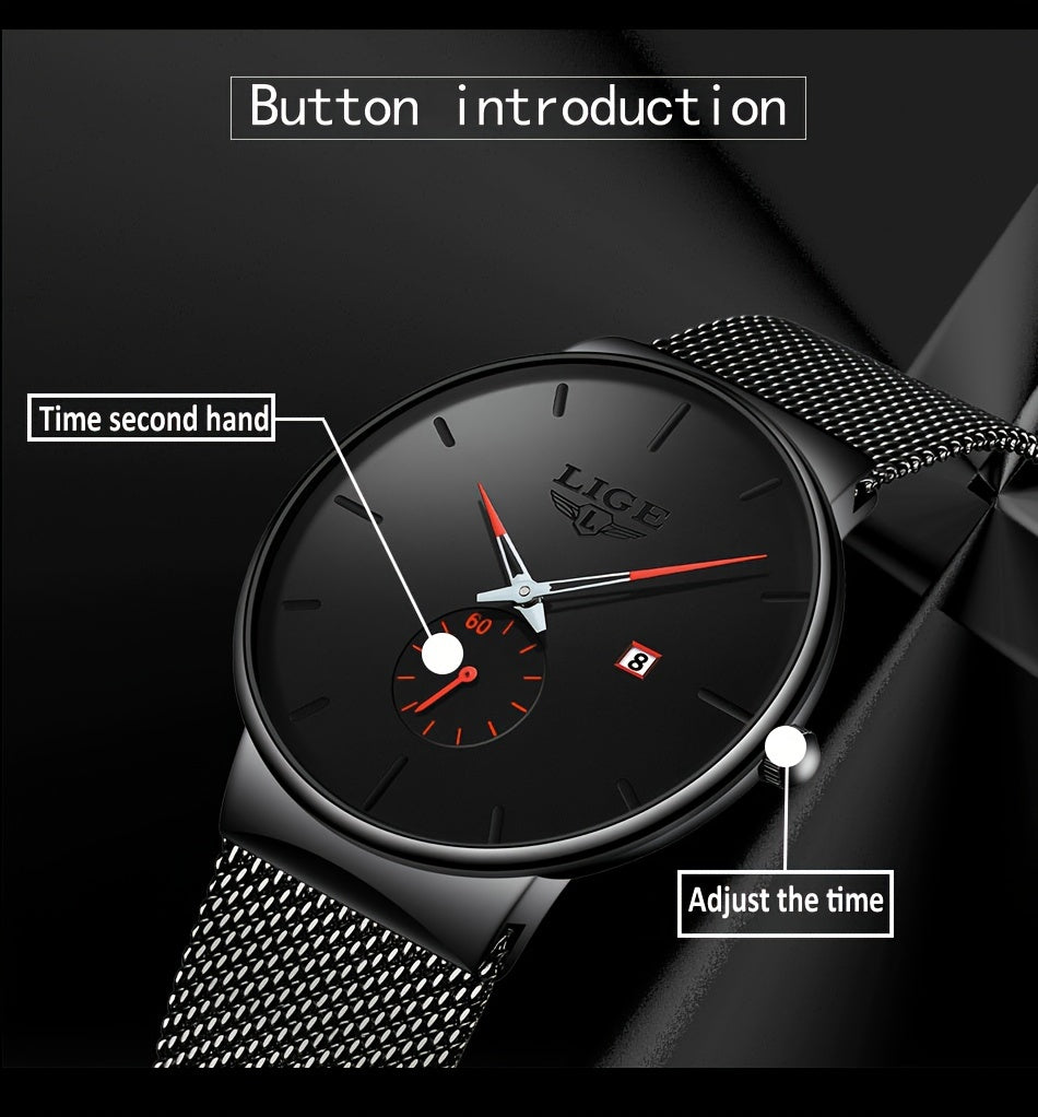 LIGE Minimalist Casual Men's Watch with Stainless Steel Mesh Belt. Leisure Fashion Men's Business Quartz Watches. Waterproof Calendar Wristwatch. Suitable for Gifts to Men.