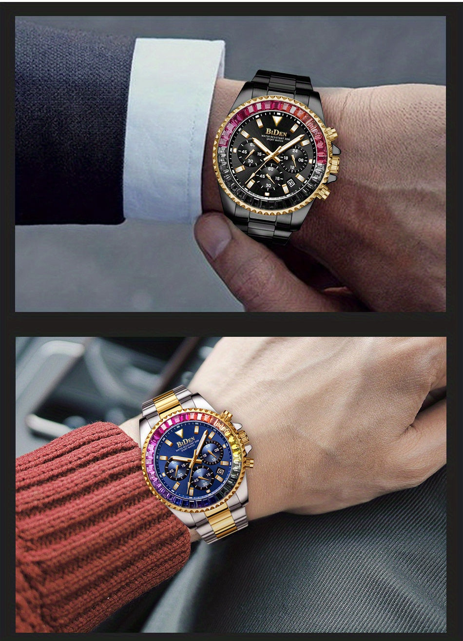 ساعة كوارتز كرونوغراف للرجال بسوار من الفولاذ المقاوم للصدأ ومقاومة للماء وتاريخ اليوم، ساعات يد كاجوال للأعمال