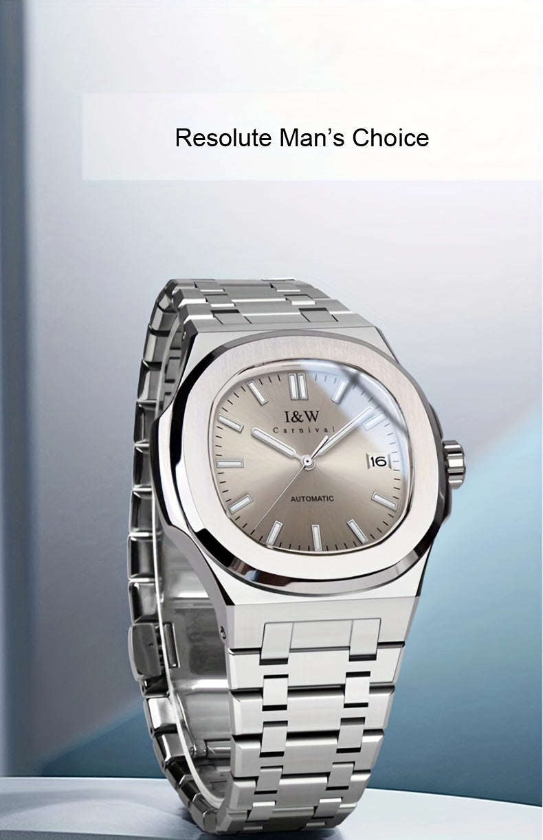 I&W CARNIVAL Men's Automatic Mechanical Watches, Waterproof Strong Luminous Full Steel Auto Date Watch