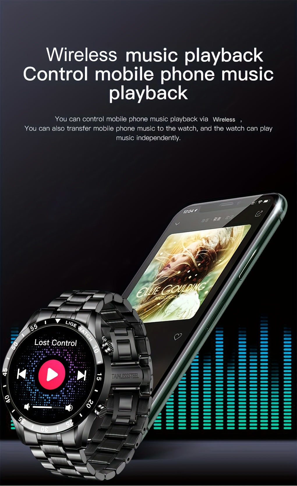 ساعة ذكية أنيقة بشاشة لمس كاملة، الرد على المكالمات الواردة ورفضها، ساعات ذكية للتحكم بالموسيقى، اهتزاز لالتقاط الصور، التحكم بالموسيقى، مراقبة النوم، عد الخطوات، العد التنازلي، ساعة اللياقة البدنية الرياضية