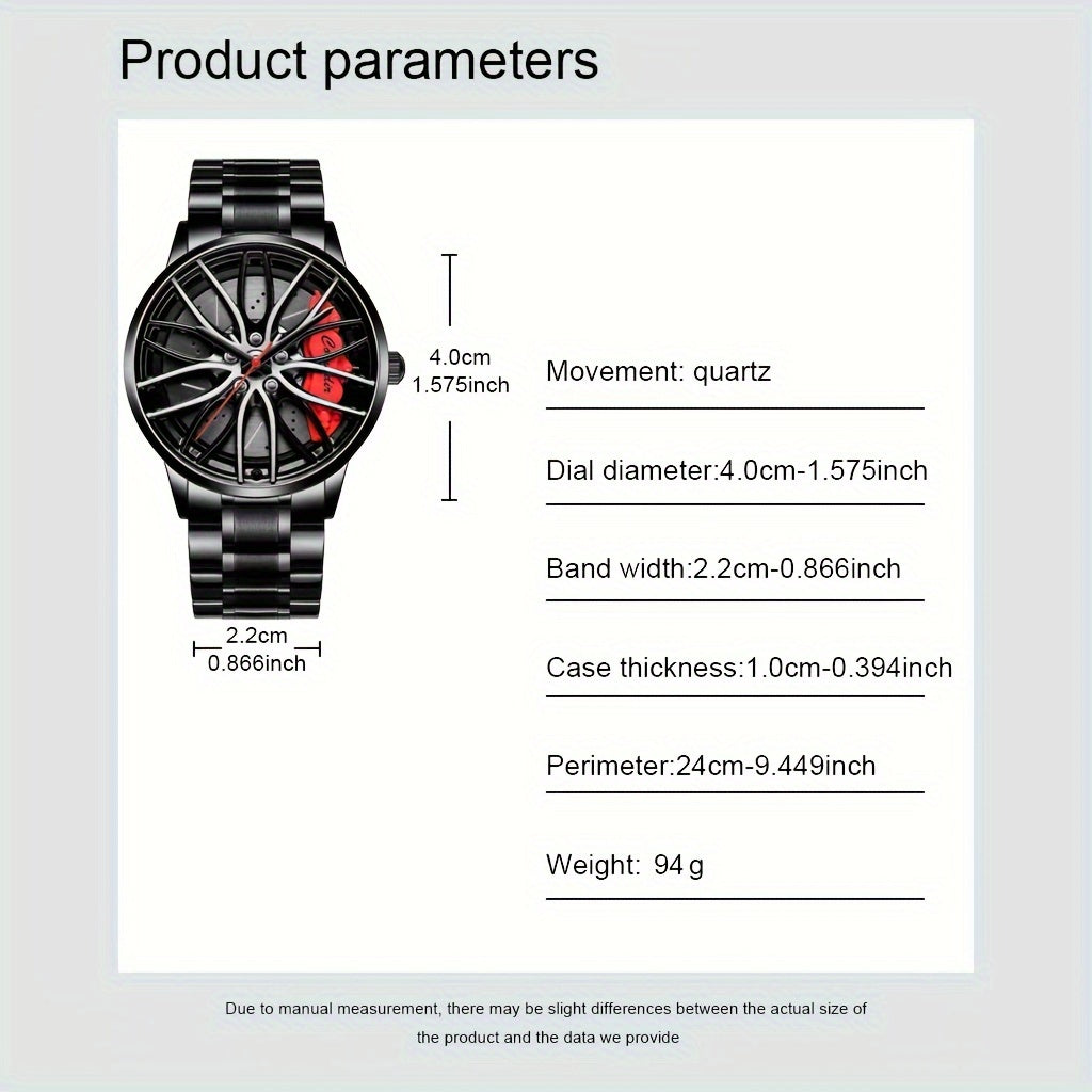 1pc Men's Trendy Black Alloy Sports Car Wheel Hub Design Quartz Watch - Fashionable Wrist Watches with Stylish Hubcap Pattern, Water Resistant and Accurate Timekeeping - Perfect for Outdoor Enthusiasts and Car Lovers